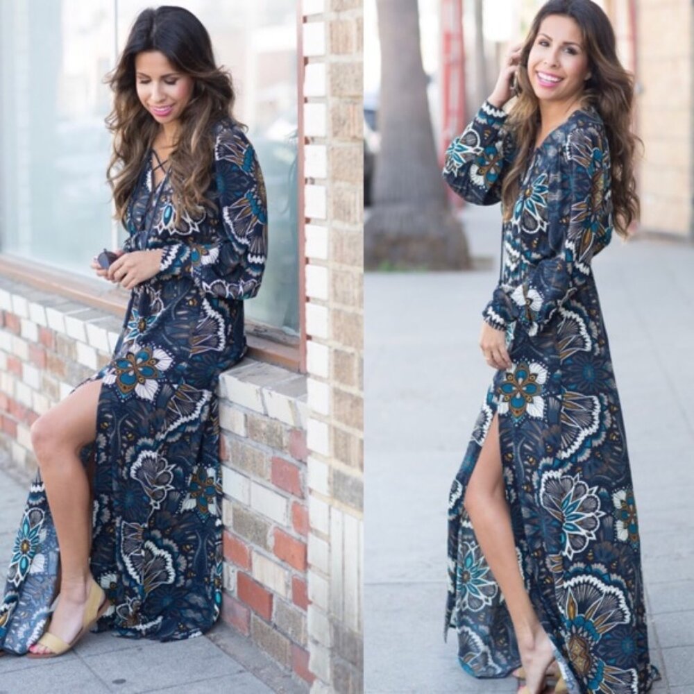H&M geometric NWT long balloon sleeve tie front BOHO maxi dress, sz 6